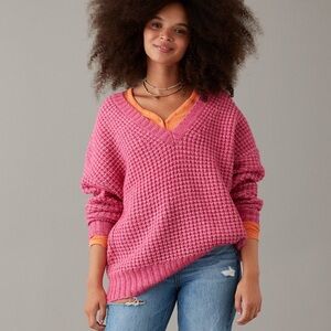 American Eagle Outfitters Vibrant Pink V-Neck Sweater
